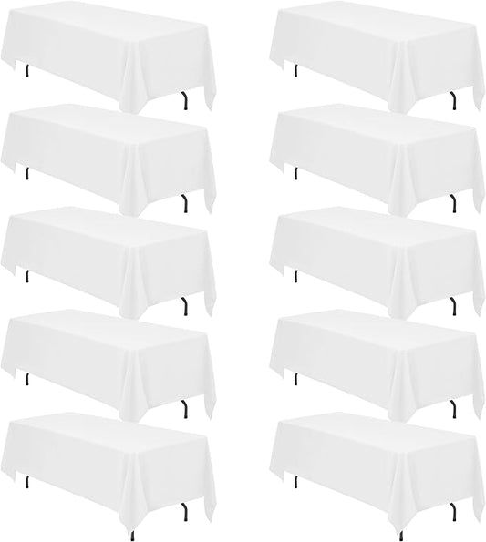 BRILLMAX 10 Pack White Tablecloths 70 x 120 Inch for 6ft & 8ft Rectangle Tables - 150 GSM Polyester Fabric, Universal Fit, Water, Stain & Wrinkle Resistant Cloth Cover for Wedding Reception Banquet