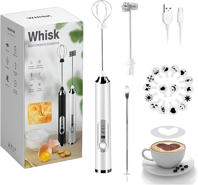 JrundMsoxz Rechargeable Milk Frother - 3-Speed Electric Handheld Coffee Mixer With 2 Whisks and Decoration Tool, Stand-up Design for Latte, Cappuccino, Cream (White)