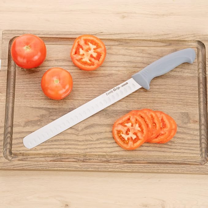 Restaurantware 12 Inch Slicing Knife Stainless Steel Ergonomic Handle Non-Slip Grip Durable Kitchen Knife, Dishwasher-Friendly for Home Cooking and Commercial Use, Gray