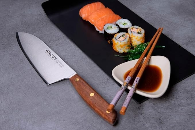 Arcos Deba Knife 7 Inch Stainless Steel. Japanese Kitchen Knife for Fish, Meat and Vegetables. Ovengkol Wood Handle 100% natural FSC and 170mm Blade. Series Nordika. Color Brown.