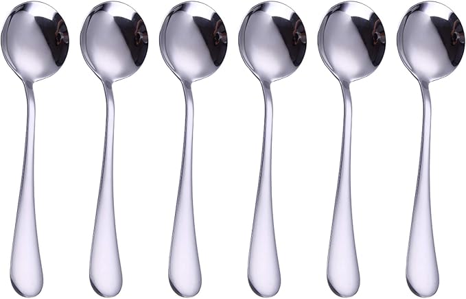VANRA 6-Piece Dinner Spoons Set Soup Spoons Heavy Duty Stainless Steel Silver Cutlery Set 7.6 inches (6 round spoons)
