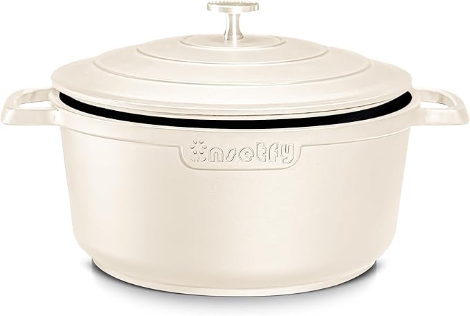 INSETFY Large Dutch Oven Pot with Lid-7.5QT Cast Aluminum Oven Pot with Two Handles Lightweight for Bread Baking Braising and Roasting(Beige)