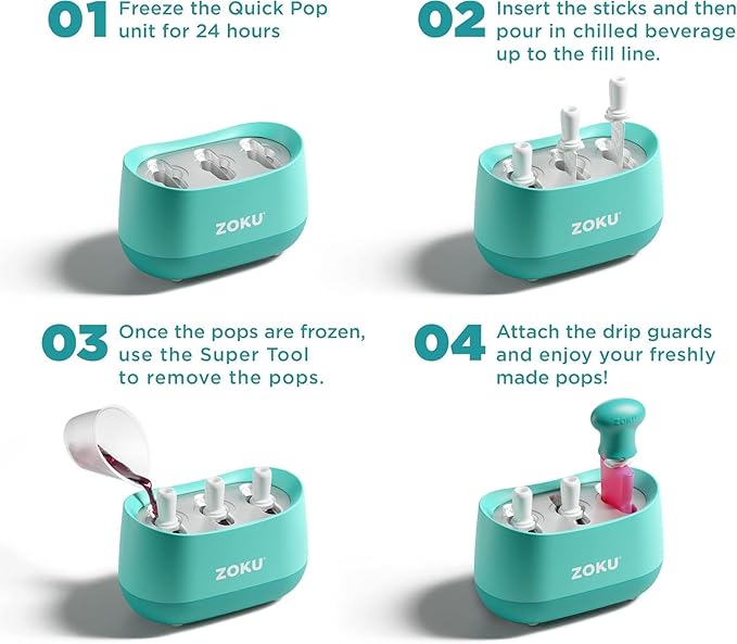 ZOKU New Triple Quick Pop Maker, Create 3 Popsicles in Minutes, Includes Super Tool, 6 Sticks and Drip Guards, 2 Pour Cups, and Character Kit, Blue