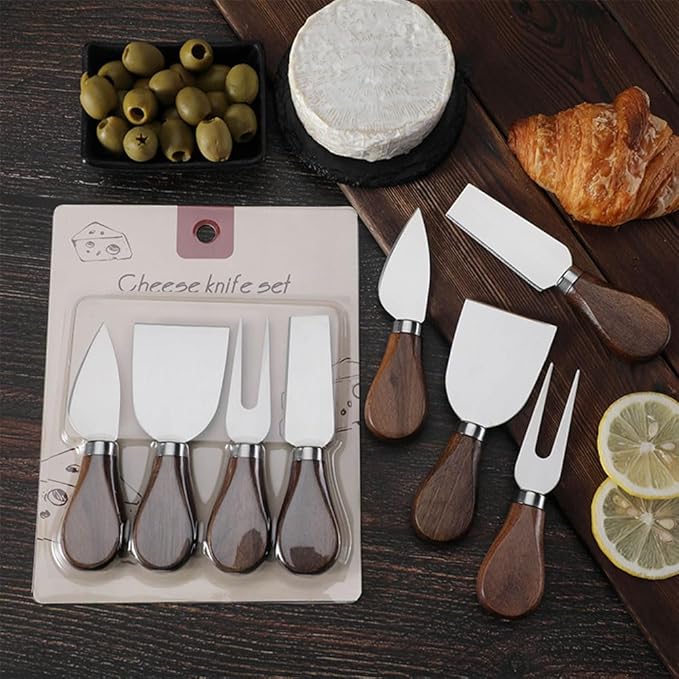 4-Piece Set of Stainless Steel Cheese Knives with Wood Hand, Including Cheese Slicer and Cheese Cutters, Essential Cheese Tools for the Kitchen (Walnut handle, Silver)