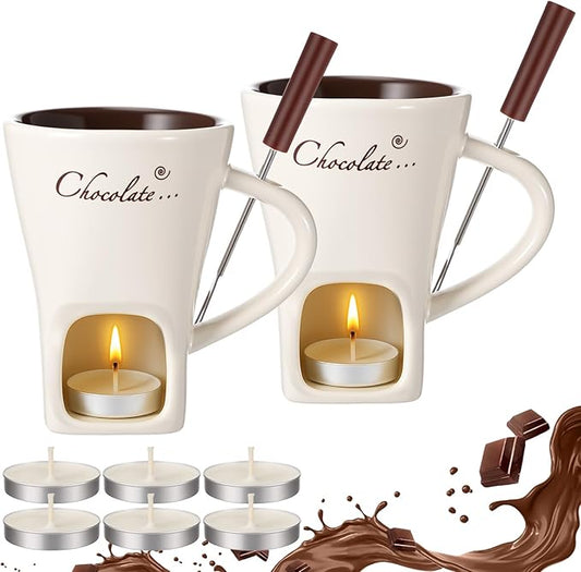 Honeydak 2 Set Chocolate Fondue Mug with Fork and Candle Sweet Ceramic Personal Chocolate Melting Cup Ideal Gifts for Birthday Date Night Birthday Wedding Gifts (White)
