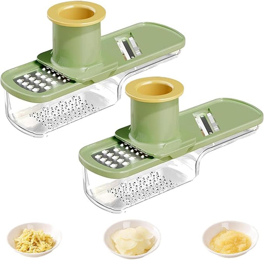 Multifunctional Garlic Grinder & Mandoline Slicer, 3-in-1 Mini Safe Garlic Slicer & Mandoline Slicer, Vegetable and Cheese Shredder, Stainless Steel Mandoline Cutter with Container (Green x2)