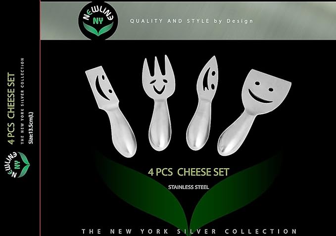 NEWLINE NY Stainless Steel 4 Pieces Smiling Faces Cheese Knife Set: Hard and Soft Cheese Knives, Serving Fork & Cheese Spreader