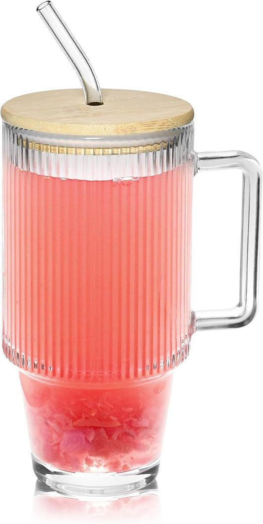 24oz Ribbed Glass Cups with Lids and Straws Handle Iced Coffee Drinking Glasses Heavy Duty Tumbler for Cold Drink Smoothie Boba Tea(Ribbed with Bamboo Lid)