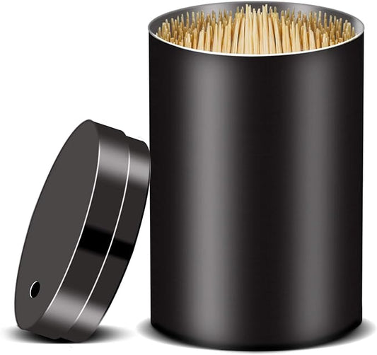 Stainless Steel Metal Toothpick Holder Dispenser, Tooth Picks Lot Container with 500 Pieces Bamboo Round Toothpicks for Teeth Appetizer and for kitchen (Black)