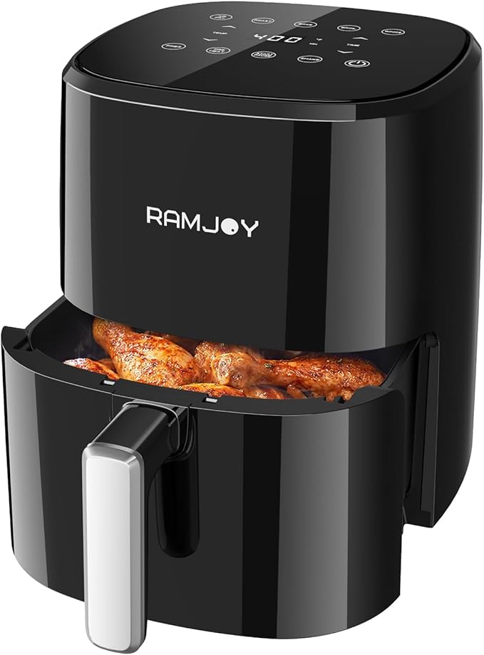 RAMJOY Air Fryer 3.8 Quarts for 1-2 people, 8-in-1 Functions, Air Fry, Roast, Bake, Broil, Preheat, Shake, Digital Small Air Fryer, Nonstick Dishwasher-Safe Basket, Compact Air Fryers, Black