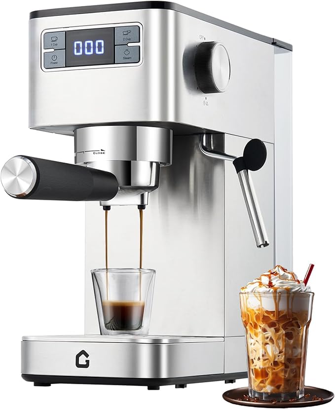 Takywep 20 Bar Professional Espresso Machine with Steam Milk Frother, Stainless Steel Home Coffee Maker, Compact for Kitchen Counter with Removable Water Tank, Silver