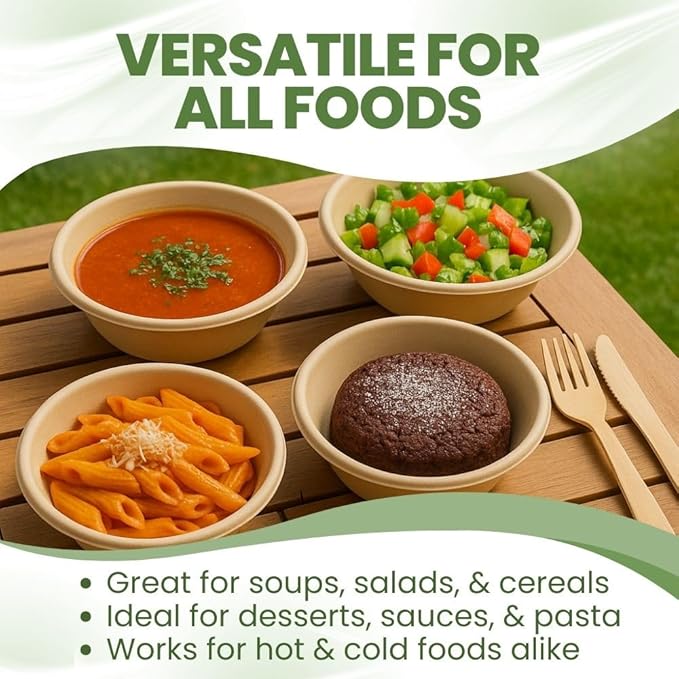 Dtocs Bamboo Fiber Disposable Bowls – 20 Oz, 50 Pk | Bamboo Round Bowl | Microwavable Bagasse Bowl like Soup, Cake, Salsa, Salad bowls | Disposable Dinnerware Sub Paper, Plastic, Styrofoam, Leaf