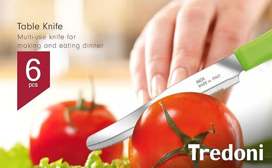 Tredoni 6 kitchen Knives - 4.3"/11cm Italian Stainless Steel Serrated Vegetable/Steak/Table Knife Cutlery, Rounded Tip (Yellow)