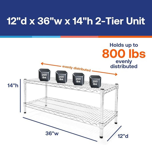 Shelving Inc. 12" d x 36" w Chrome Wire Shelving with 2 Tier Shelves, Weight Capacity 800lbs Per Shelf