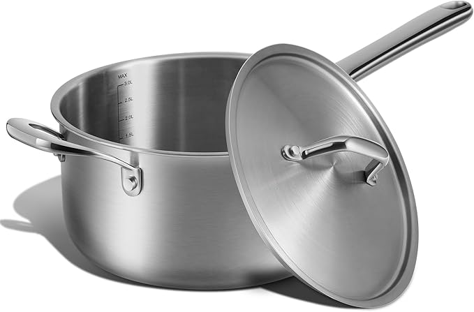 Rokasala 5 QT Saucepan with Lid,3-Ply Stainless Steel Stockpot,Professional Grade Cookware,Induction Compatible