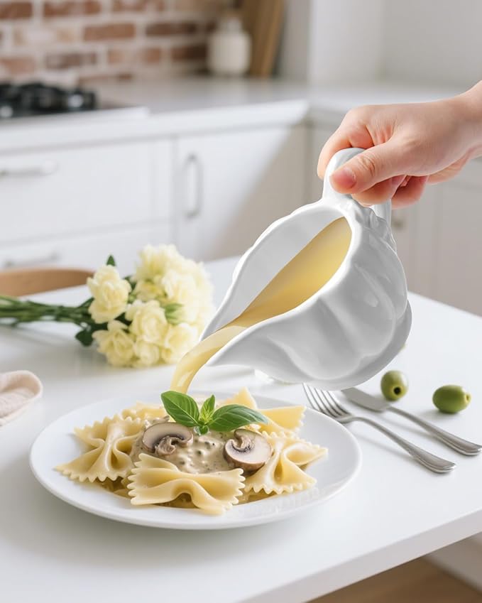 Gravy Boat with Warmer – 18 Oz Dripless Gravy Bowl with Handle & Spout – Microwave, Freezer & Dishwasher Safe Sauce Server for Thanksgiving, Christmas, Holiday Meals
