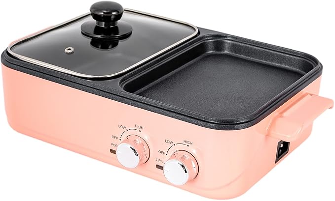 110V Electric Hot Pot with Grill for 2-4 people, 2-in-1 Multifunction Griddle and Hot Pot with Independent Temperature Control,Pink Nonstick Barbecue Grill with Hotpot for Party