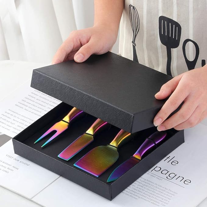 Buyer Star Rainbow 4 Piece Cheese Knife Set Stainless Steel Mini Cheese knives Charcuterie Board Accessories Cheese Spreader Knife with Gift Box for Charcuterie, Gift-Ready