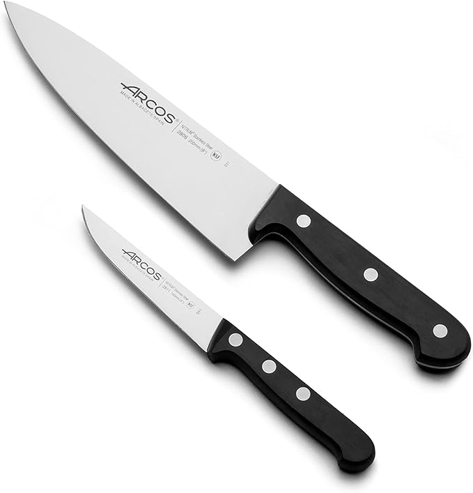 Arcos Knife Set 2 pieces - Nitrum Stainless Steel and mm blade. 363 gr. Professional Kitchen Knife for Cooking. Ergonomic Polyoxymethylene POM Handle. Series Universal. Color Black
