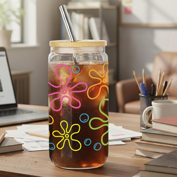 Yellow Cartoon Bubbles Glass Cups Gifts foe Women,Daughter,Friend,Ocean Bubbles and Flowers Glass Tumbler with Bamboo Lid and Straw,Birthday Thanksgiving,Christmas Gifts