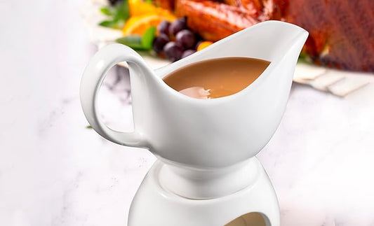 Porcelain Gravy Sauce Boat with Stand and Candle, white