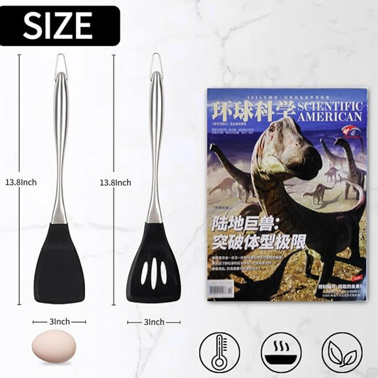 Heavy Duty Silicone Spatula Set, 2 Piece Heat Resistant BPA Free Cooking Spatulas with Stainless Steel Handle, Non Stick Silicone Turner for Pancakes, Eggs, Fish, Kitchen Cooking Utensils