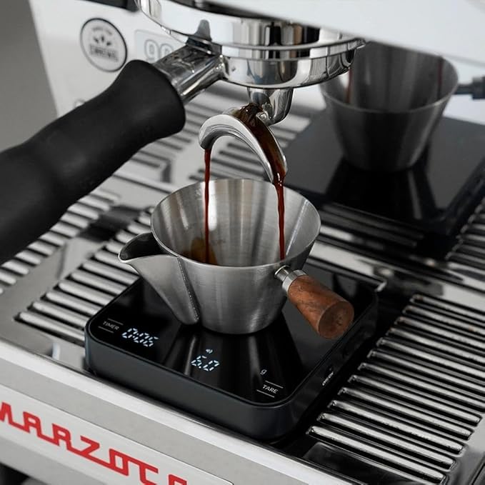 watchget 3.4oz/100ml Crema-Removed Espresso Shot Cup with Wooden Handle Stainless Steel Espresso Measuring Cup Espresso Shot Pitcher with V-Shaped Mouth for Barista Cafe Home