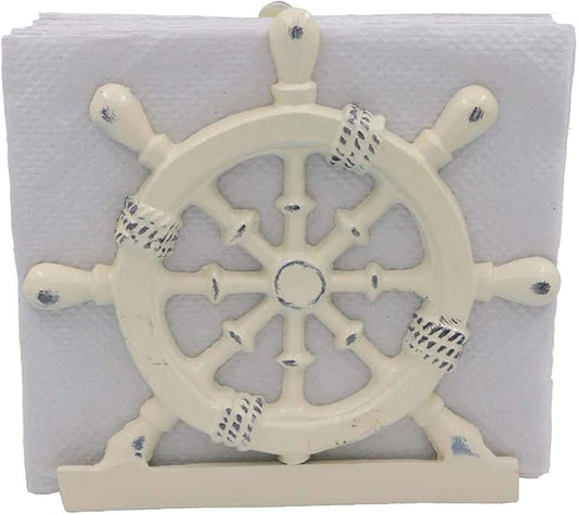 THDC Nautical Napkin Holder, Lunch, Dinner, Nautical Collection Napkin Holder, Made of Metal (Wheel Distressed Ivory)