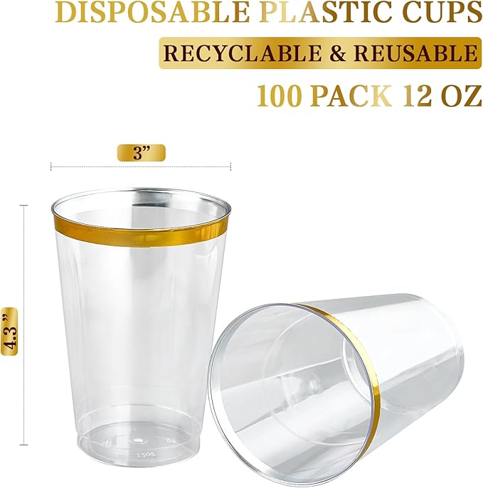 FOCUSLINE 100 Pack 12 oz Gold Rimmed Plastic Cups, 12 Ounce Clear Plastic Tumblers, Heavy-duty & Fancy Disposable Hard Cups with Gold Rim for Wedding