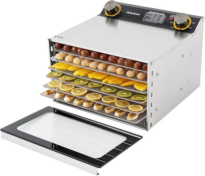 110V/60Hz Stainless Steel Food Drying Machine, 400W Silver Food Drying Machine for Home Use Countertop Food Dehydrator Modern Rectangular Temperature Range 30-90℃/86-194℉ 6 Grid Tray