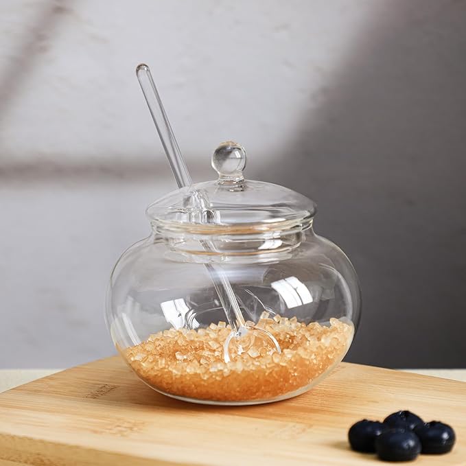 123Arts Clear Glass Sugar Bowl With Lid and Sugar Serving Spoon,8 ounces