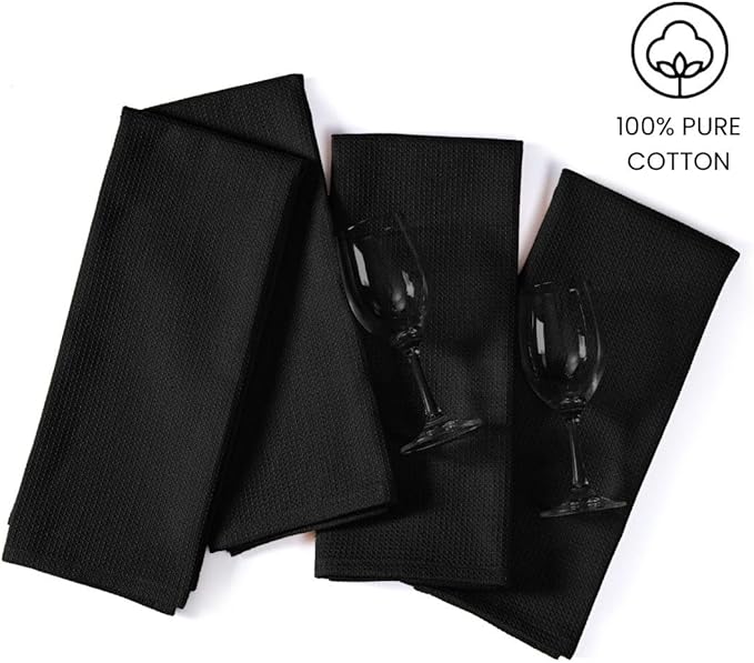 Waffle Kitchen Towels Large 16x26 inch 100% Cotton Set of 4 - Soft Absorbent Washable Tea Towel for Kitchen - Dish Cloths Quick Drying - 320 GSM Quality Dish Towels Black