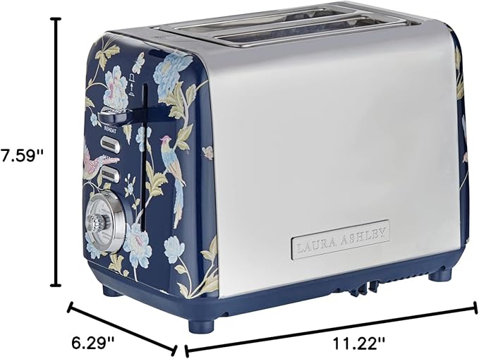 VQ Laura Ashley Elveden Navy Stainless Steel 2 Slice Toaster | Multi-Functional Bagels & Bread Toaster 2 Slice with Adjustable Heating & Defrost Mode | Featuring 2 Wide Slots, Croissant Warming Rack