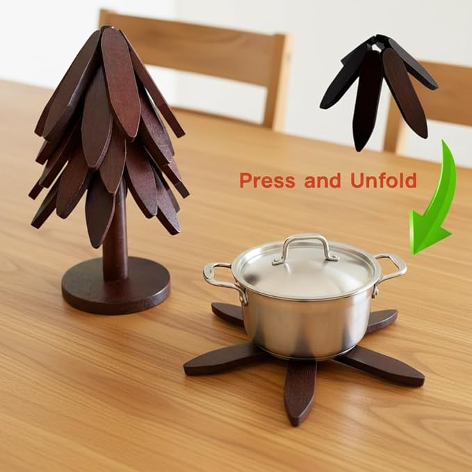 Tree Shape Trivet Set,Natural Wooden Walnut Color,5 Wooden Trivets + 1 Stand for Hot POTS、Bowls、Hot Dishes、Teapot，Foldable Kitchen Decor.