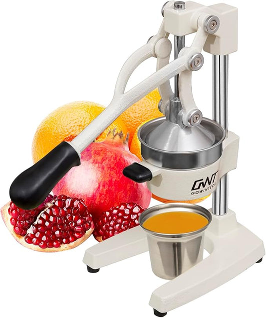 Commercial Heavy Duty Cast Iron Hand Press Manual Orange Citrus Lemon Lime Grapefruit Pomegranate Fruit Juice Squeezer Machine with Stainless Steel Cup White