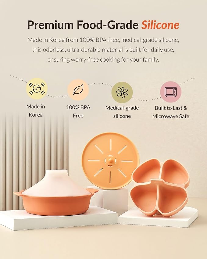 Moyuum Silicone Microwave Divided Steamer | Made in Korea, Baby Food Maker Bowl with 4 Compartment Divider and Steaming Tray, Steam Cooking Pot for Purees and Vegetables, Dishwasher Safe - Mustard