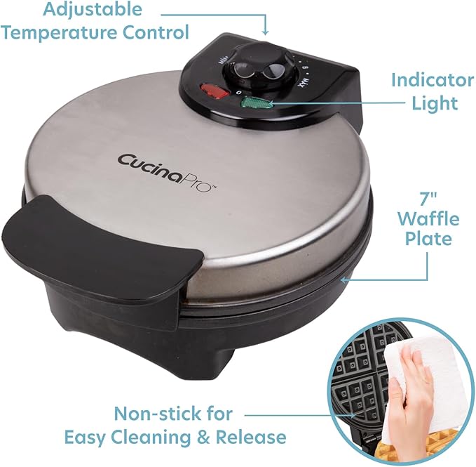 Waffle Maker by Cucina Pro- Griddle Makes 7 Inch Thin, American Style Waffles for Breakfast- NonStick Waffler Iron w Adjustable Temperature Control & Recipe Guide, Easy Use Kitchen Appliance Essential