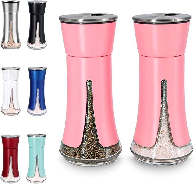 Pink Salt and Pepper Shakers by Aelga, Salt Shaker with Adjustable Pour Holes, Pink Kitchen Accessories, Decor for Kitchen,Restaurants,Camp,BBQ