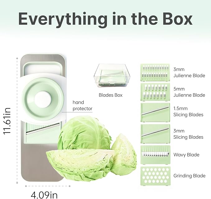 Stainless Steel Mandoline Slicer for Kitchen, 6-in-1 Vegetable Slicer with 360° Full-Cover Safety Guard, Adjustable Food Cutter for Potato, Carrot & Salad Prep, Space-Saving Design (Mint Green)