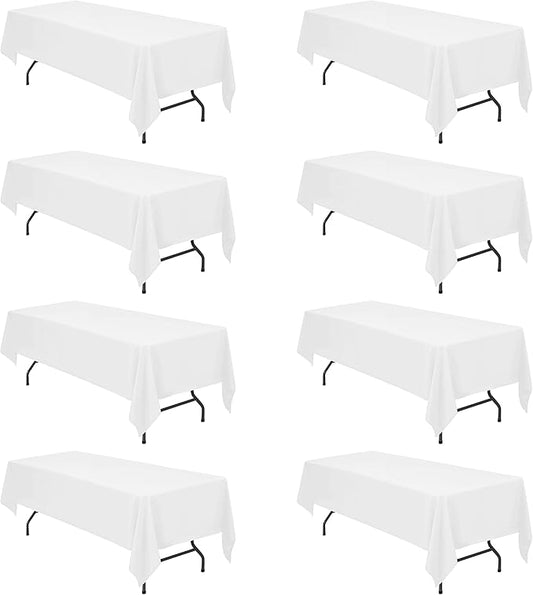 BRILLMAX 8 Pack White Tablecloths 60 x 126 Inch for 8ft Rectangle Tables - 150 GSM Polyester Fabric, 15" Standard Drop, Water, Stain & Wrinkle Resistant Cloth Cover for Wedding Banquet Dining Buffet