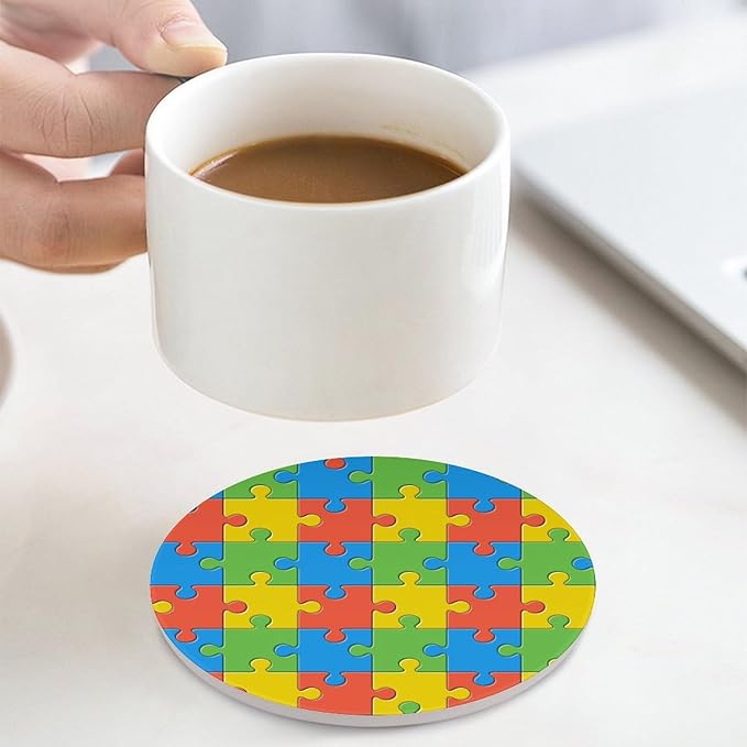 Round-4PCS Gamer Drink Coasters, Round Modern Ceramic Absorbent Coasters, Kids Abstract Colorful Puzzle Toy Decor Desk Coffee Table Coaster for Beverage Cup Tea Coasters