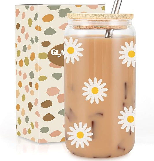 GSPY Daisy Aesthetic Gifts, Iced Coffee Cup, Cute Glass Cups with Lids and Straws - Cute Mugs, Flower Mug, Glass Tumbler - Valentines Day, Birthday Gifts for Women, Coffee Lovers, Friend, Girls, Mom