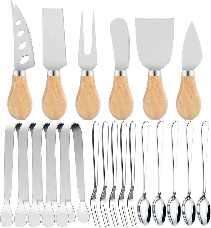 21Pcs/Pack Spreader Knife Set,Cheese Butter Spreader Knife Cheese Slicer Knife Stainless Steel Blade with Wooden Handles Mini Serving Tongs Spoons and Forks (Option 1)