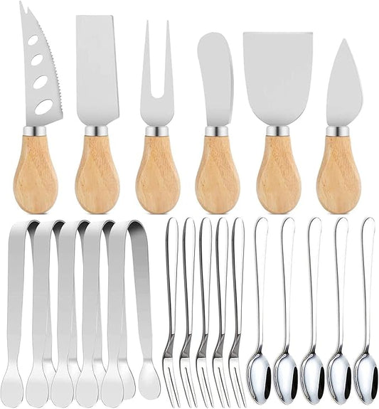 21Pcs/Pack Spreader Knife Set,Cheese Butter Spreader Knife Cheese Slicer Knife Stainless Steel Blade with Wooden Handles Mini Serving Tongs Spoons and Forks (Option 1)