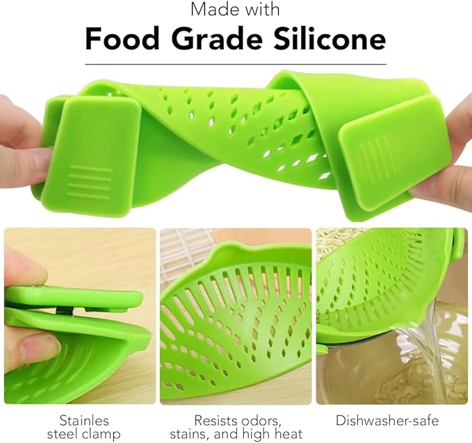 Clip‑On Pot Strainer Silicone Black + Green Dishwasher‑Safe Side‑Mount Design 9.4×4.6×2.5 Inches | Snap Drain Colander for Pans Bowls Skillets | Heat‑Resistant Kitchen Gadget Splash‑Guard