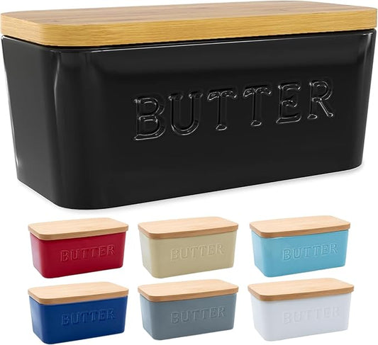 PriorityChef Extra Large Butter Dish with Lid for Countertop, Ceramic Butter Container With Airtight Cover, Butter Keeper for Counter or Fridge, Black Butter Holder Storage