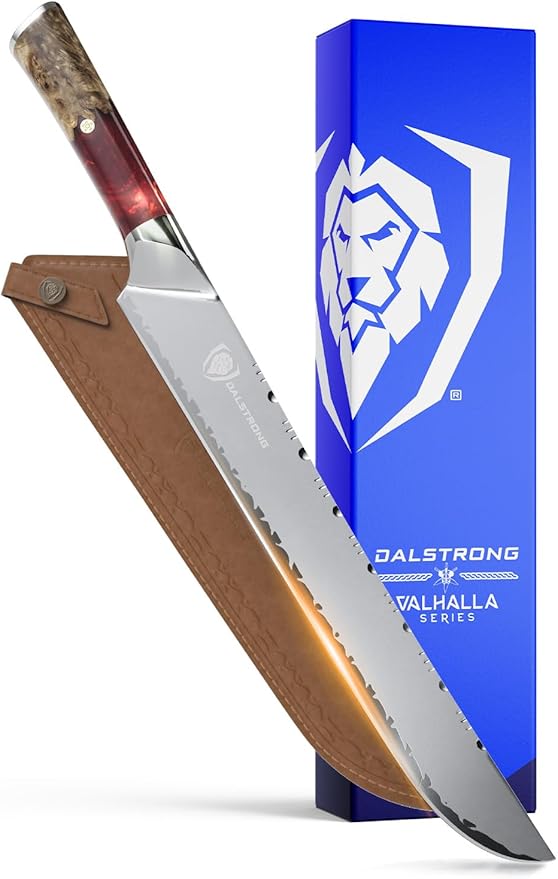 Dalstrong Slicing Knife - 12 Inch Slicer - Valhalla Series - 9CR18MOV HC Steel - Red Resin & Wood Handle - Razor Sharp - Carving, BBQ, Brisket - With Leather