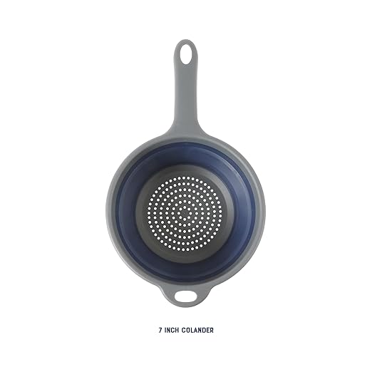 Oster Bluemarine Foldable Handled Strainer – 7-Inch Collapsible Colander for Pasta, Veggies, Fruits, Compact Kitchen Tool, Dishwasher Safe, Blue/Grey
