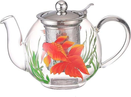1000ml/35oz Hand Painted Pattern Glass Teapot For Stovetop,Tea Pot For Loose Tea,Glass Tea Kettle With Infuser (GoldFish)