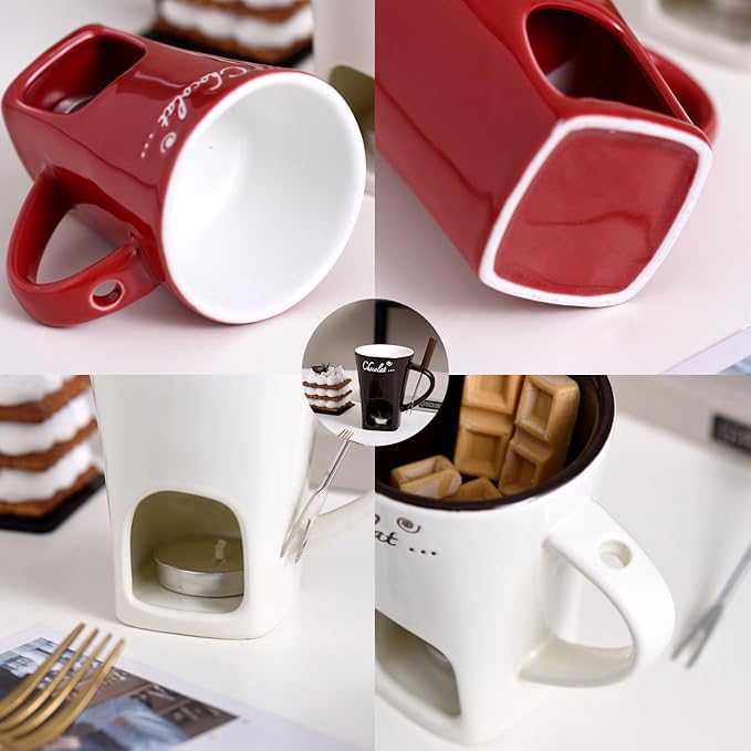 Chocolate Fondue Mug with Fork, Chocolate Fondue Cup, Personal Chocolate Melting Cup for Cheese, Ceramic Chocolate Melting Cup, Chocolate Melting Mug For Date Night Birthday Wedding Gifts (Red)